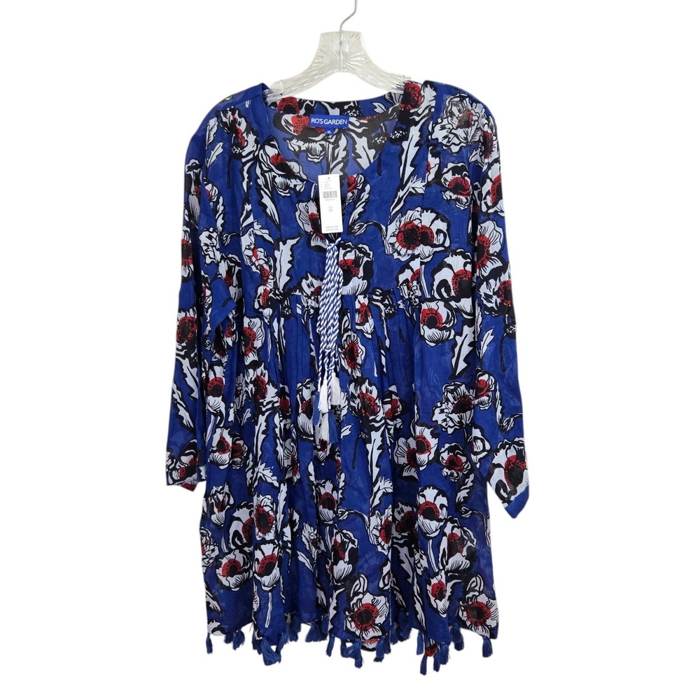 Ro's Garden Anthropologie Seychelles Tunic Top Mini Dress  XL Blue Floral Tassel